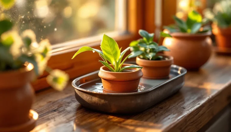 Small potted African violet sitting in a shallow tray of water, bottom watering through the pot's drainage holes on a bright windowsill