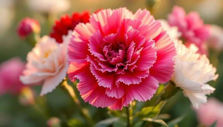 Cluster of pink, red, and white carnation flowers with frilly fringed petals in golden-hour garden light