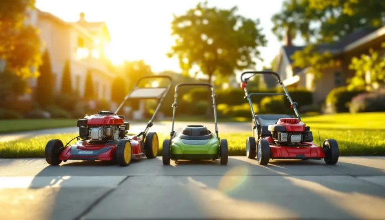Row of budget push and reel lawn mowers on a suburban driveway at golden hour