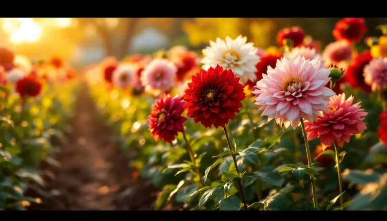 Rows of red, pink, and white dahlia flowers in full bloom in a home cutting garden at golden hour