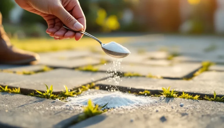 Gardener sprinkling baking soda from a measuring spoon onto weeds growing in the cracks of a paver patio