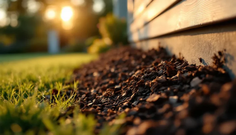 Fresh hardwood mulch spread in a garden bed with a bare soil gap left between the mulch and a home's foundation