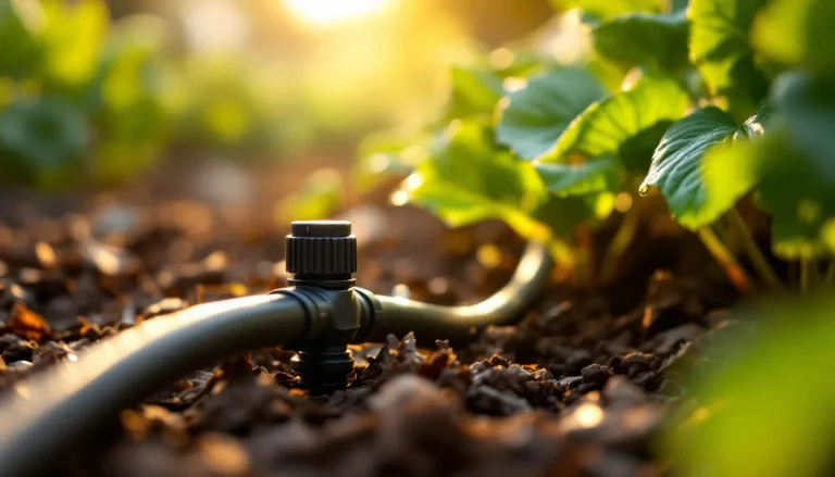 Half-inch black drip irrigation hose with inline emitters running along a mulched raised vegetable bed