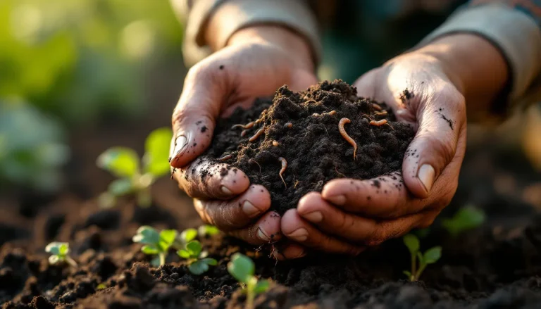 Gardener's hands holding dark, crumbly fertile soil with earthworms above a garden bed