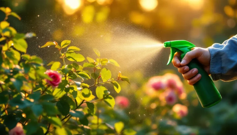 Gardener applying fungicide spray to rose leaves in a home garden at golden hour