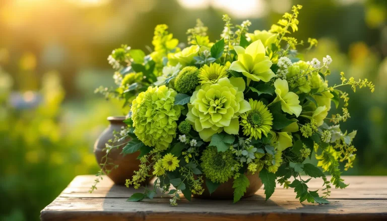 Assortment of naturally green flowers including Bells of Ireland, green hydrangea, green button mums, and Zinnia Envy in a garden bouquet