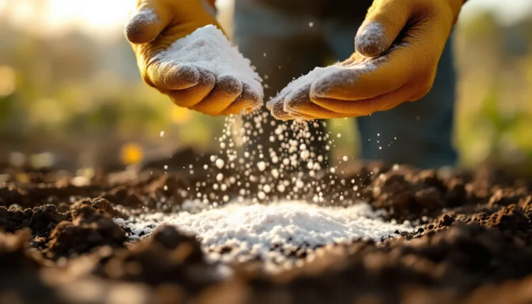 Gardener spreading white powdered gypsum over dark clay soil in a garden bed at golden hour