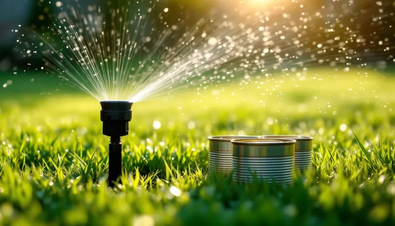 Tuna cans placed on a green lawn to measure in-ground sprinkler output during a catch-cup watering test in early morning light
