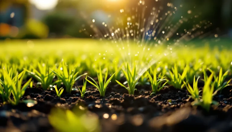 Homeowner using a garden sprinkler to lightly water a freshly seeded lawn with young grass seedlings emerging from damp soil