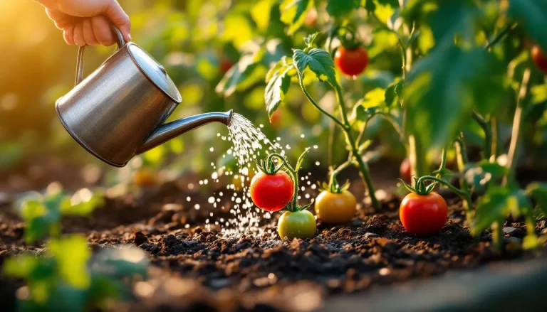 Gardener watering ripening tomato plants at the base with a can in a raised bed at morning golden hour