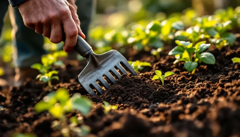 Gardener working blood meal and compost into vegetable-bed topsoil with a hand rake to add nitrogen