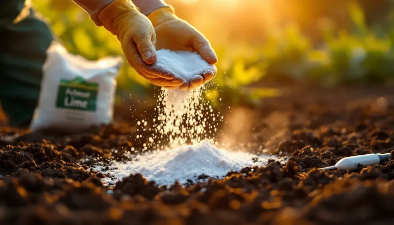 Gardener spreading white agricultural limestone by hand over dark acidic garden soil to raise pH