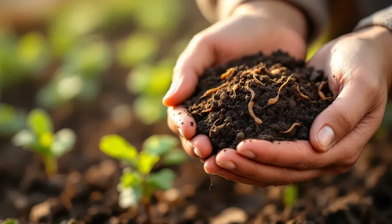Close-up of a gardener's hands holding dark, crumbly humus-rich soil above a garden bed at golden hour