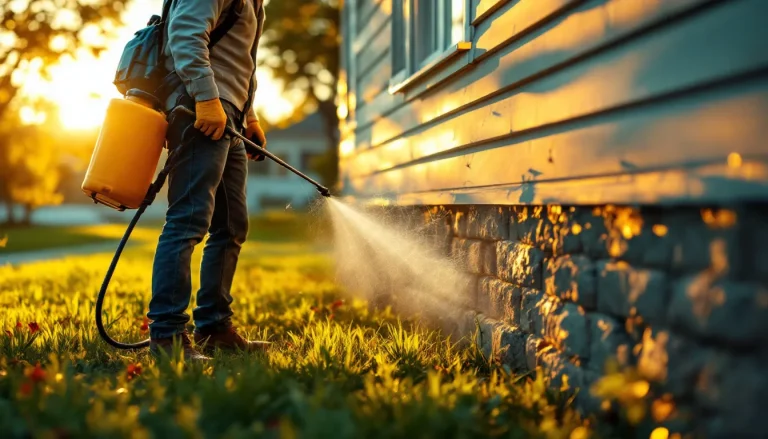 Homeowner applying pyrethroid barrier insecticide spray along a house foundation and eaves to control spiders