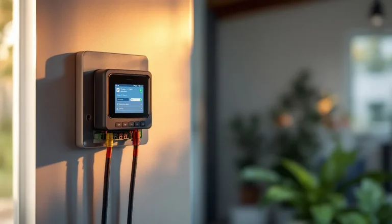 Wall-mounted smart WiFi irrigation controller with app screen showing sprinkler zone schedules in a garage