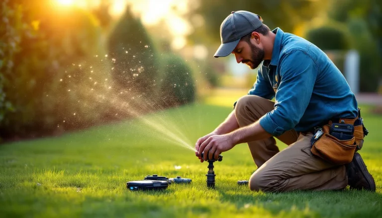 Technician adjusting a residential lawn sprinkler head at golden hour during an irrigation system service visit