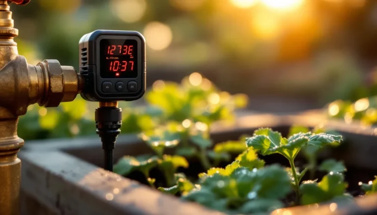 Battery-powered hose-bib irrigation timer mounted on an outdoor faucet feeding a drip line in a garden bed