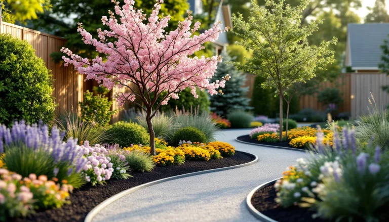 A DIY-landscaped backyard garden with layered perennial beds, a curved gravel path, and a small flowering tree at golden hour