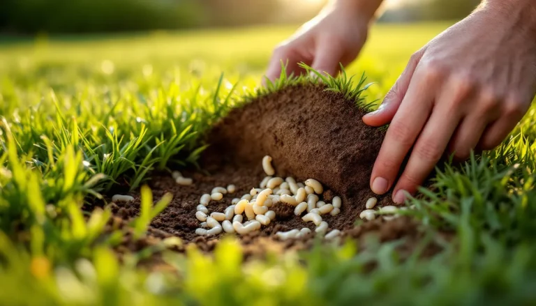 Homeowner pulling back a brown patch of lawn to reveal white grubs, illustrating lawn pest control diagnosis