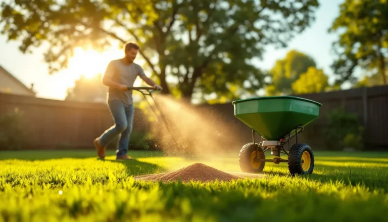 Homeowner using a broadcast spreader to apply granular lawn treatment across a green residential backyard at golden hour
