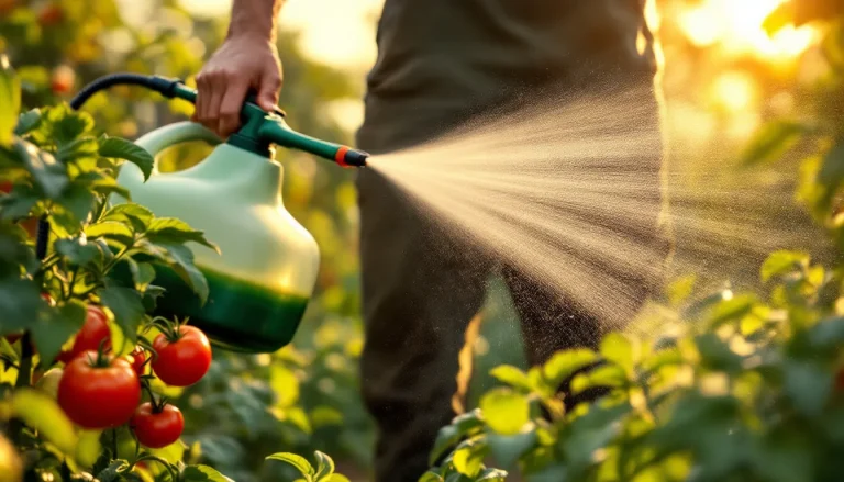 Gardener spraying diluted liquid copper fungicide on tomato plants with a tank sprayer at golden hour