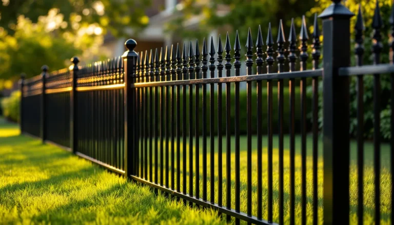 Black powder-coated steel metal fence panels with ornamental pickets bordering a residential yard at golden hour