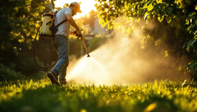 Homeowner spraying a mosquito insecticide barrier treatment along a shaded backyard fence line at dusk