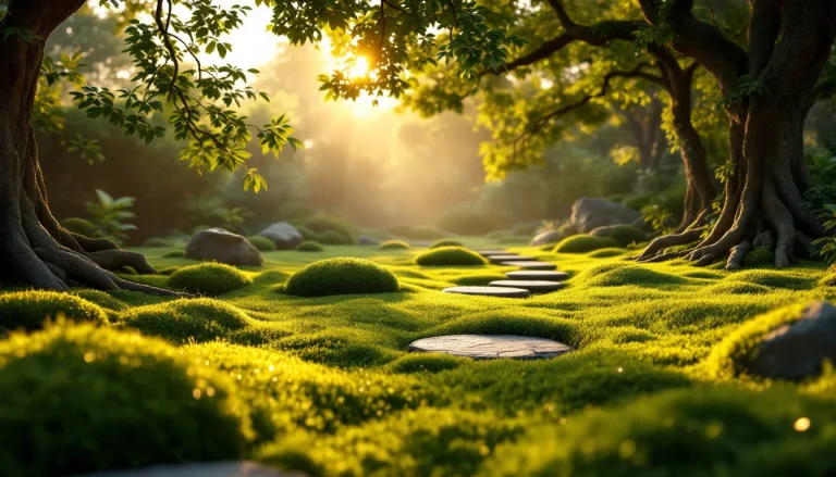 Velvet-green moss lawn covering a shaded backyard between stepping stones and tree roots