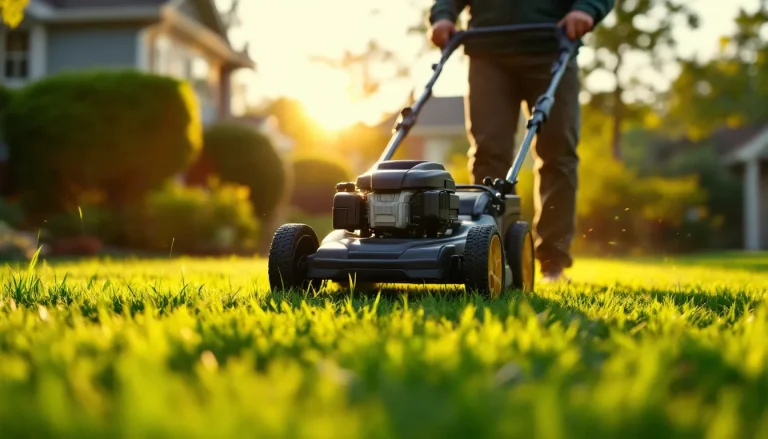 Homeowner mowing a green lawn with a walk-behind mower in overlapping straight passes at golden hour