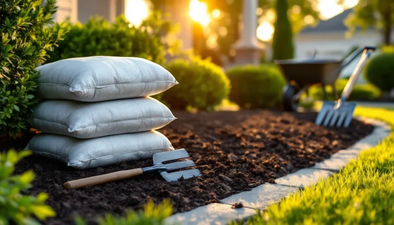 Stacked 2 cubic foot mulch bags on a pallet beside a freshly mulched flower bed at a home garden center