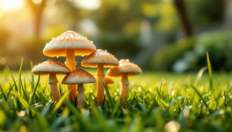 Small tan mushrooms growing in a patch of green home lawn grass after rain