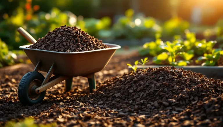 Wheelbarrow of dark organic wood chip mulch beside a freshly mulched garden bed at golden hour