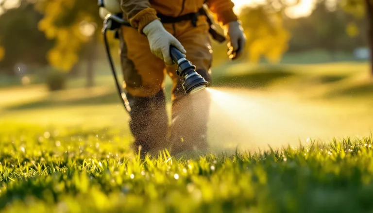 Applicator spraying propiconazole 14.3 liquid concentrate fungicide on cool-season turf at golden hour