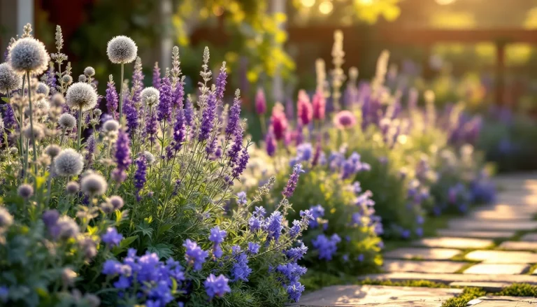 A sunny garden border filled with purple flowers including lavender, allium globes, salvia spikes, and clematis in golden evening light