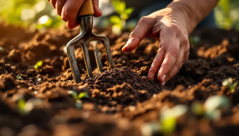 Gardener working dark compost soil conditioner into a clay garden bed with a fork at golden hour