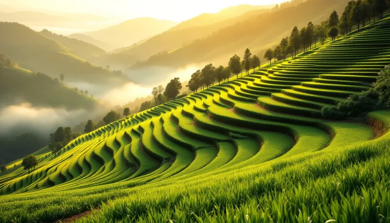 Terraced hillside farm at golden hour showing contour rows and a tree windbreak used for soil conservation