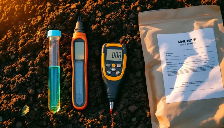 DIY chemical soil test kit, digital soil meter, and mail-in lab sample bag arranged on garden soil for comparison