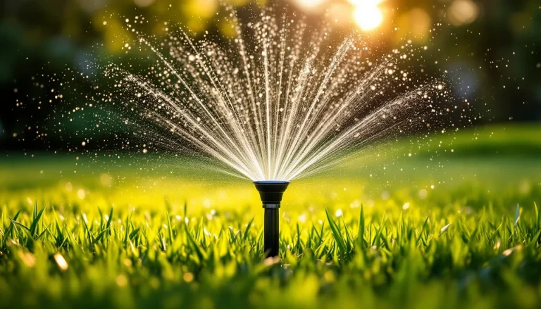 Pop-up sprinkler head watering a green residential lawn at golden hour with even spray coverage