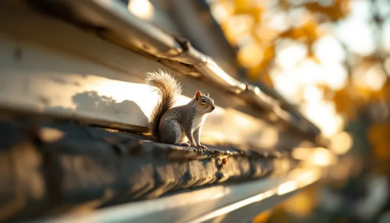Gray squirrel entering a chewed hole under a home roof soffit, a common squirrel pest control entry point