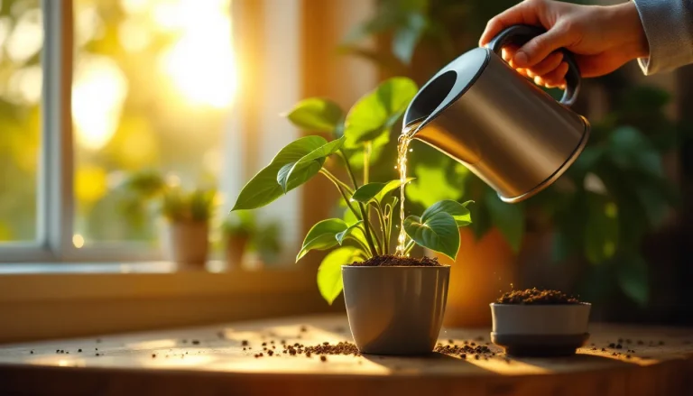 Gardener pouring a systemic insecticide soil drench at the base of a potted indoor plant
