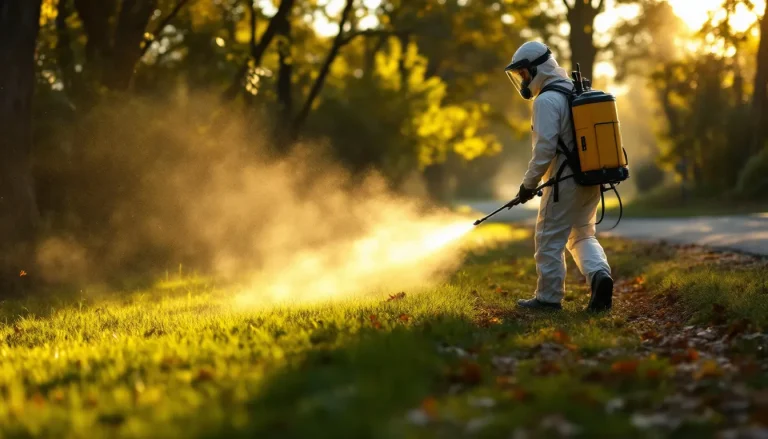 Pest control technician spraying an acaricide barrier along a shaded lawn edge where it meets a wooded wood line to control ticks