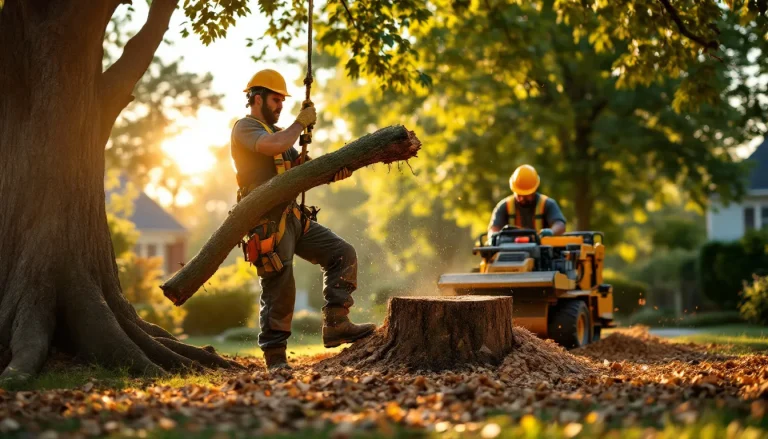 Professional crew performing tree and stump removal, felling a large tree in sections with a stump grinder nearby