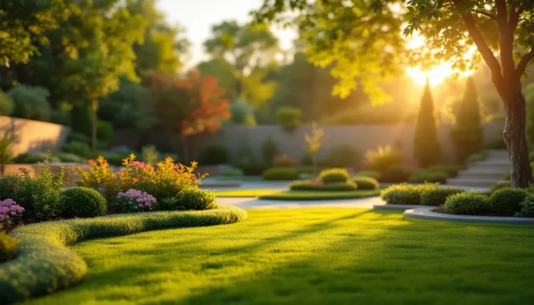 A landscaped backyard showing softscape and hardscape: a green lawn, planted flower beds, a stone patio, and a retaining wall at golden hour