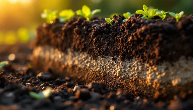 Cross-section of soil showing dark topsoil with roots, minerals, and pore space over lighter subsoil and parent rock