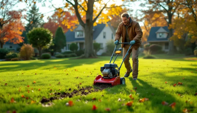 Core aerator pulling soil plugs from a green lawn during fall aeration season